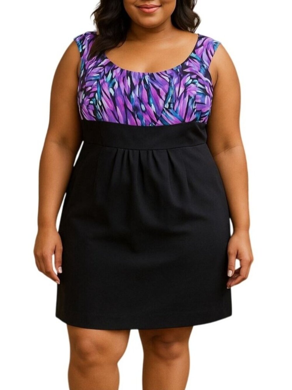 Perceptions New York Size 12 Dress Black Skirt Multicolor Print Cap Sleeves Back
